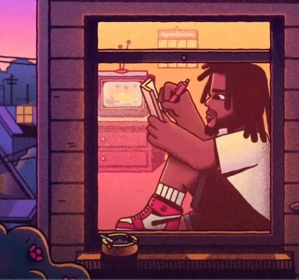 An illustrated person reading beside a glowing window
