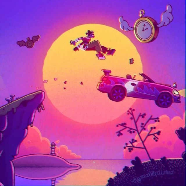 A cartoon car flying toward a full moon
