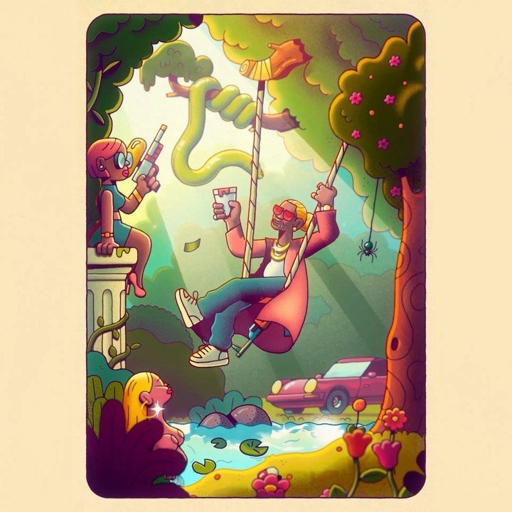 An illustrated figure on a swing inside a cinematic forest
