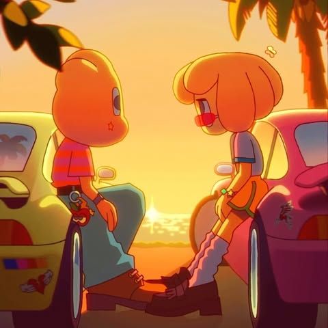 Two illustrated characters sitting at the back of a car beneath palm trees