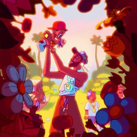 A colorful illustrated musician surrounded by flowers