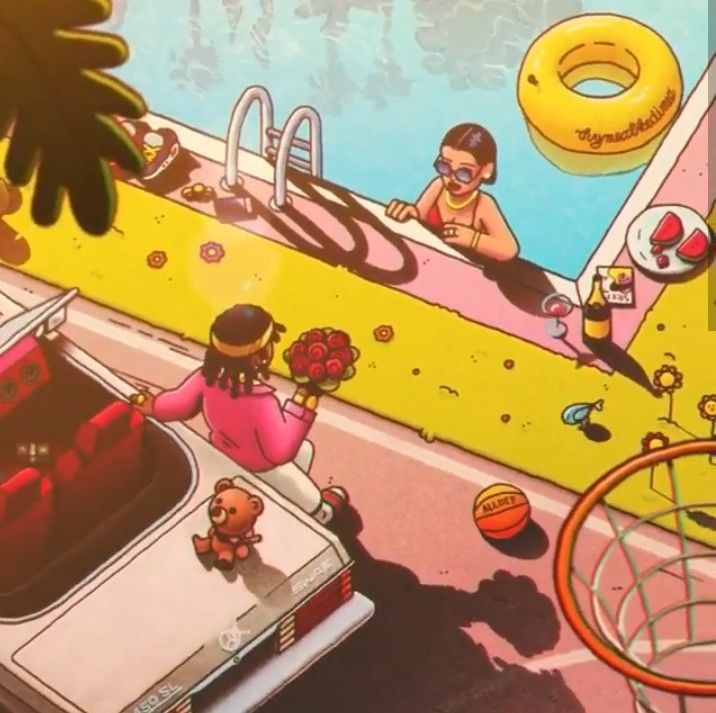 An illustrated street basketball scene beside a pool