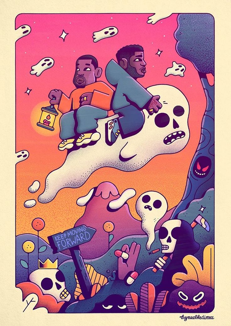 A vivid illustrated skull floating beneath a pink sunset