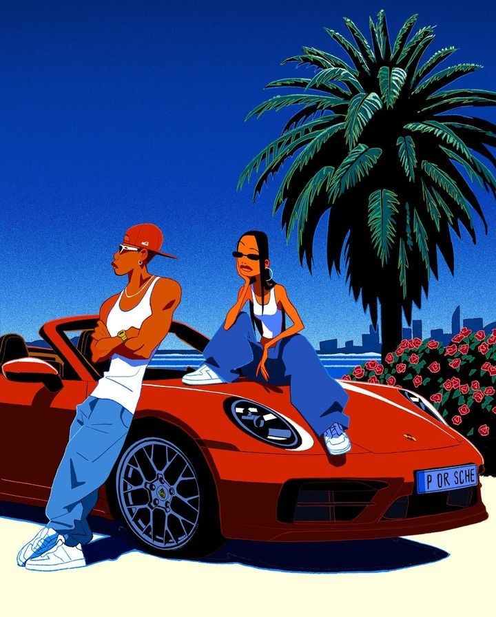 Two illustrated people leaning on a red sports car beneath palm trees